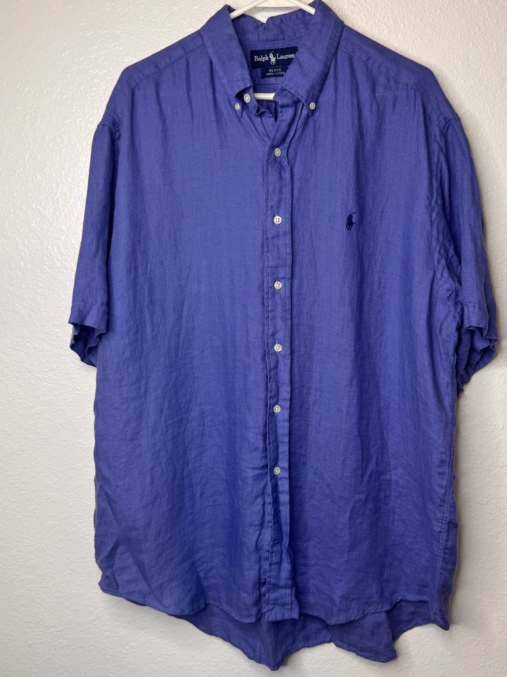 Ralph Lauren Blake Blue Short Sleeve Linen Button Down Shirt sz L